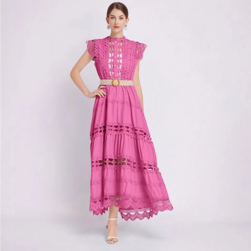 Luxo high-end vestido de festa feminino vestidos gola alta recorte bordado renda sem mangas magro vestido elegante de alta qualidade