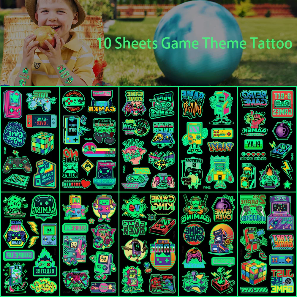 10 листов видеоигры на тему светящиеся временные татуировки GamePad наклейка для тела и лица для мальчика, игра на день рождения, украшение для ночной вечеринки