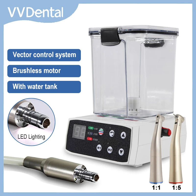 

VVDental Brushless Electric LED Mircomotor With Water Tank 1:5/1:1 Fiber Optic Contra Angle Low Speed Handpiece Dental Equipment
