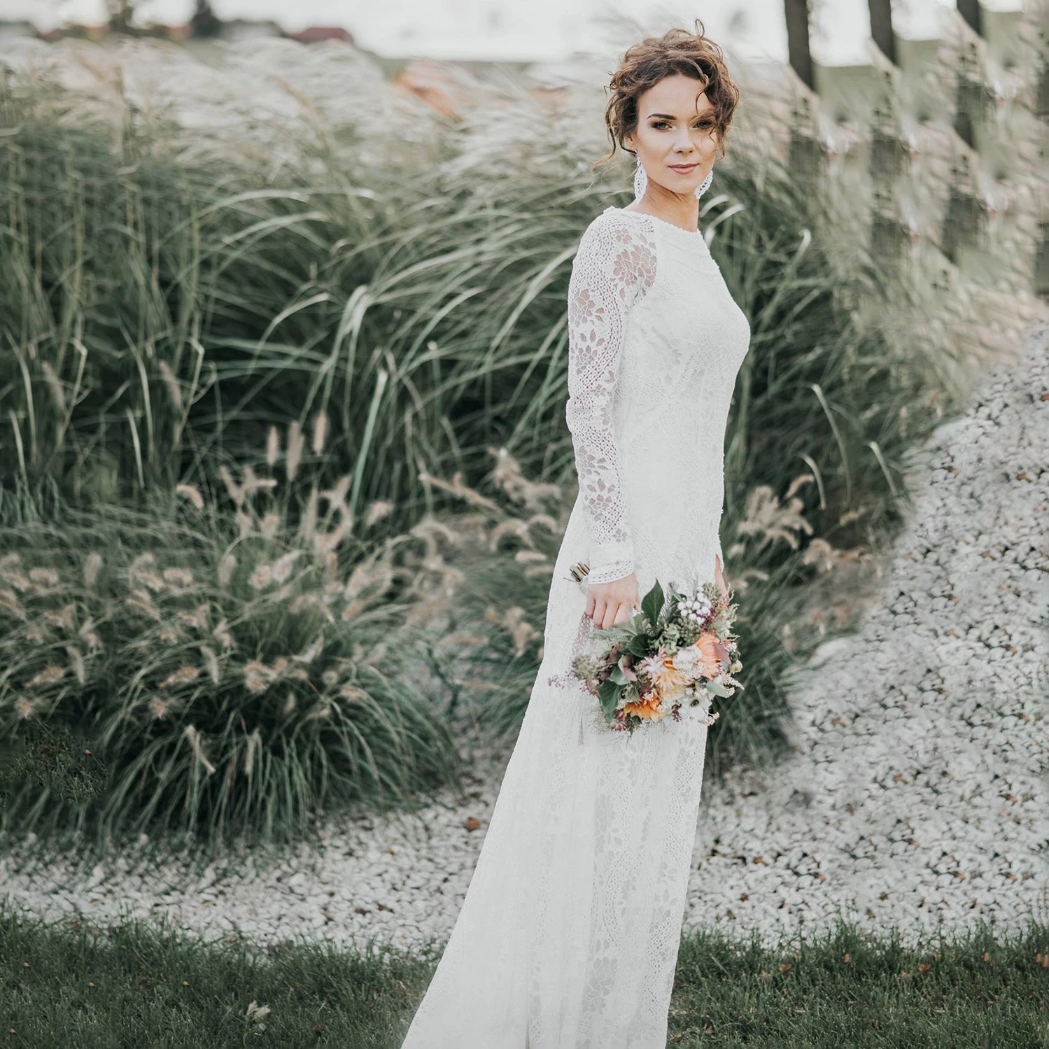 Column Fitted Lace Long Sleeves Boho Customized Bridal Dress Sweep Train Backless Boat Neckline Plus Size Bohemian Wedding Gowns