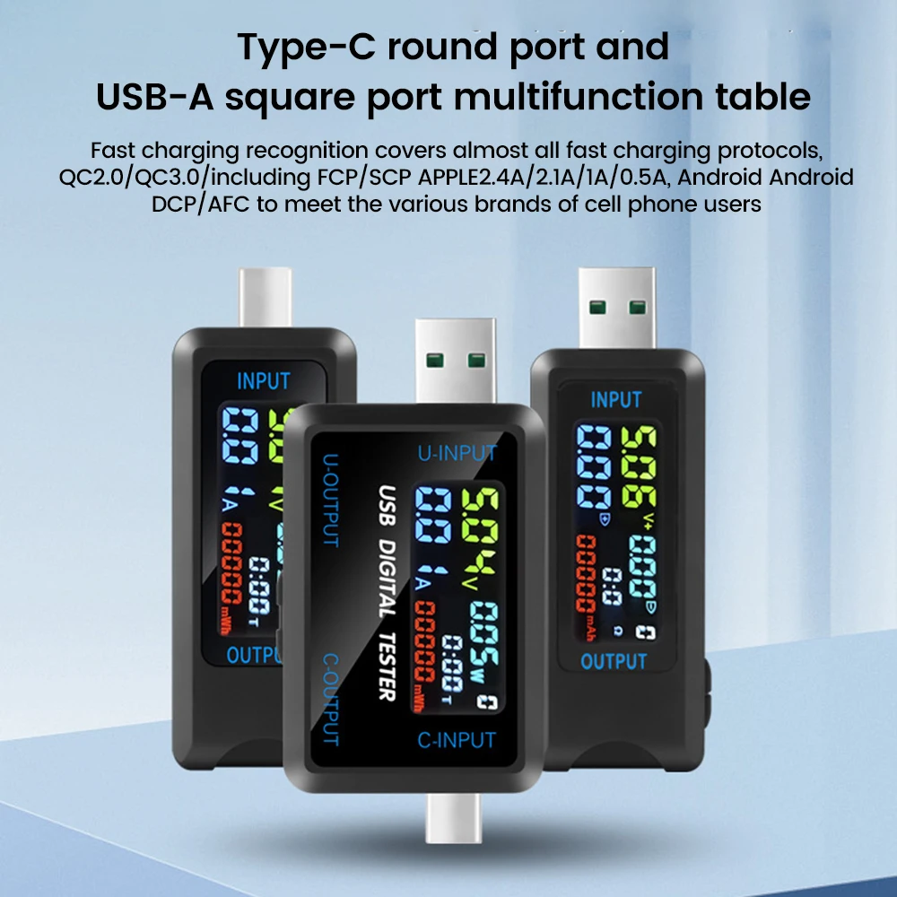 10 in 1 USB Type-C Voltmeter Ammeter Capacity Tester DC 4.5~36V 0-8A Multiple Fast Charging Protocols Automatic Detection