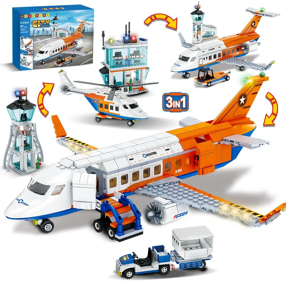 

HOGOKIDS City Passenger Airplane Building Set-STEM 3 in 1 Airport Toy with Baggage Truck Radar Tower Shuttle Bus for Kid6+ Adult