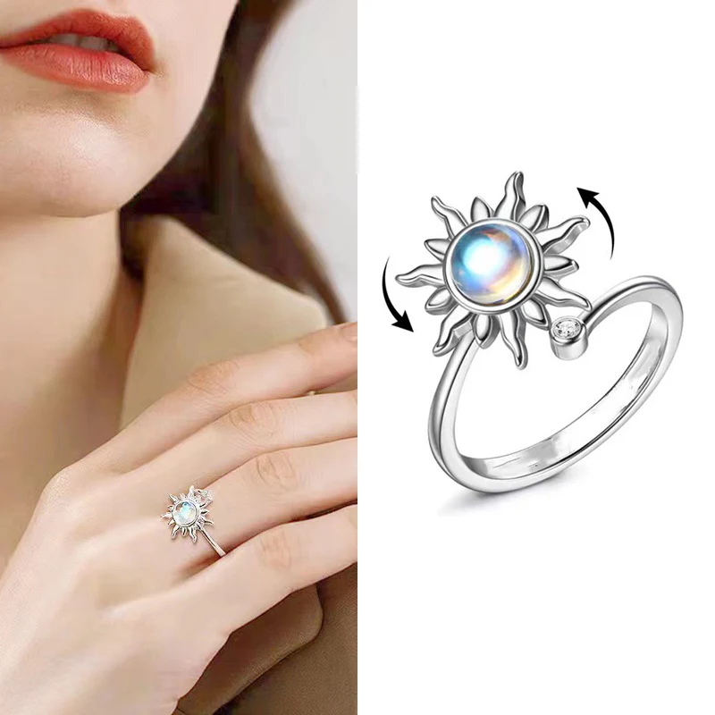 Sunflower Crystal Anxiety Relief Spinning Fidget Ring For Girls Rotate Freely Metal Copper Knuckle Ring Women'S Jewelry Gifts
