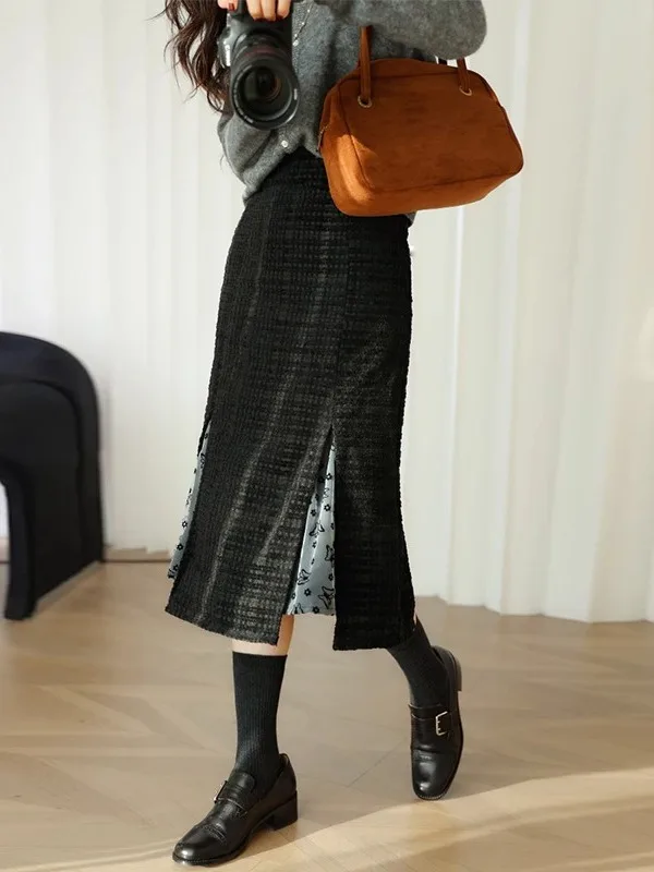 plus Size Vintage Tweed A-Line Skirt Women's Autumn Winter Slimming Fish Tail Skirt High Waist Midi Skirt for Plump Sister