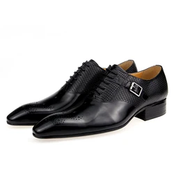 Exquisite Men Shoes Handmade Genuine Leather BlackBrown Lace-up Metal Buckle Fashion Elegant Casual Business Office Man Footwear