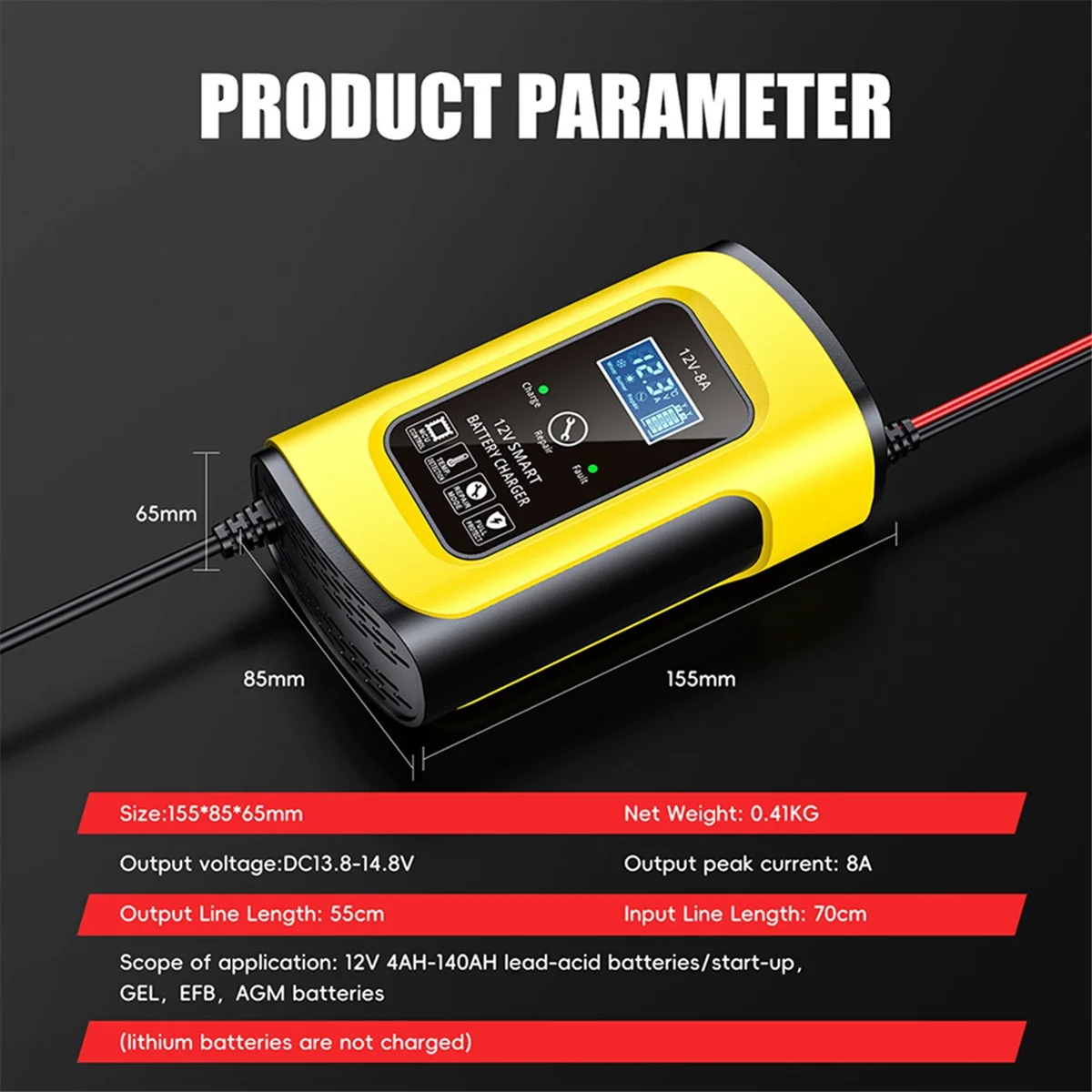 12V 8A Smart Auto Pulse Repair Charger for AGM Gel Car Motorcycle Truck Lead Acid Battery Charger Digital LCD Display G