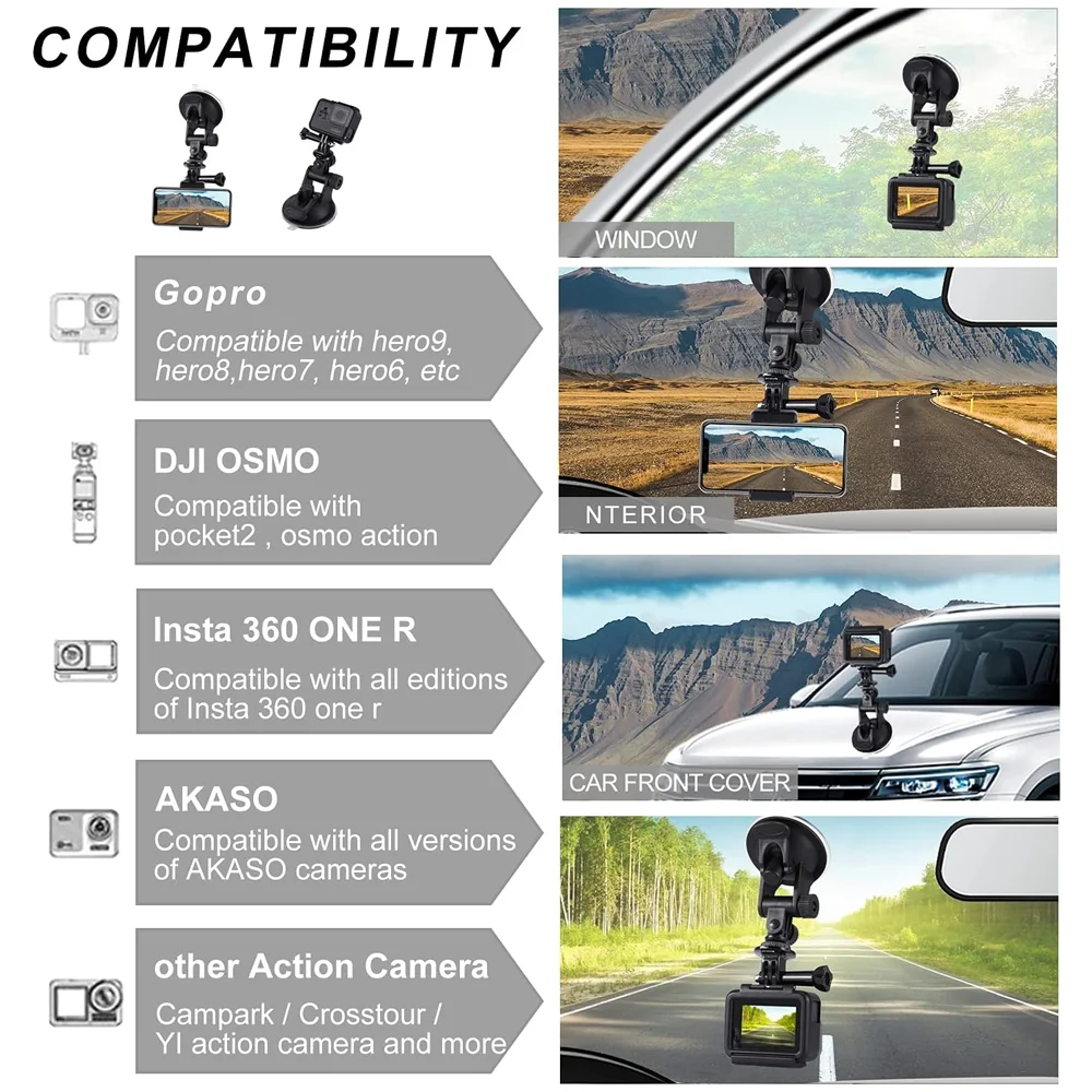 Suction Cup Mount Car Vehicle Window Windshield Holder For GoPro Hero 13 12 11 10 9 8 Insta360 X3 x2 X4 DJI OSMO Action Camera