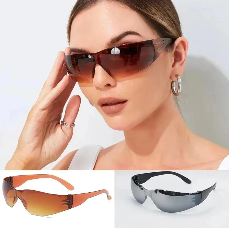 1-5pcs New Punk Sunglasses Goggle One Piece Rimless Sun Glasses Women Men 2000's Riding Sport Wrap Around Shades Eyewear UV400