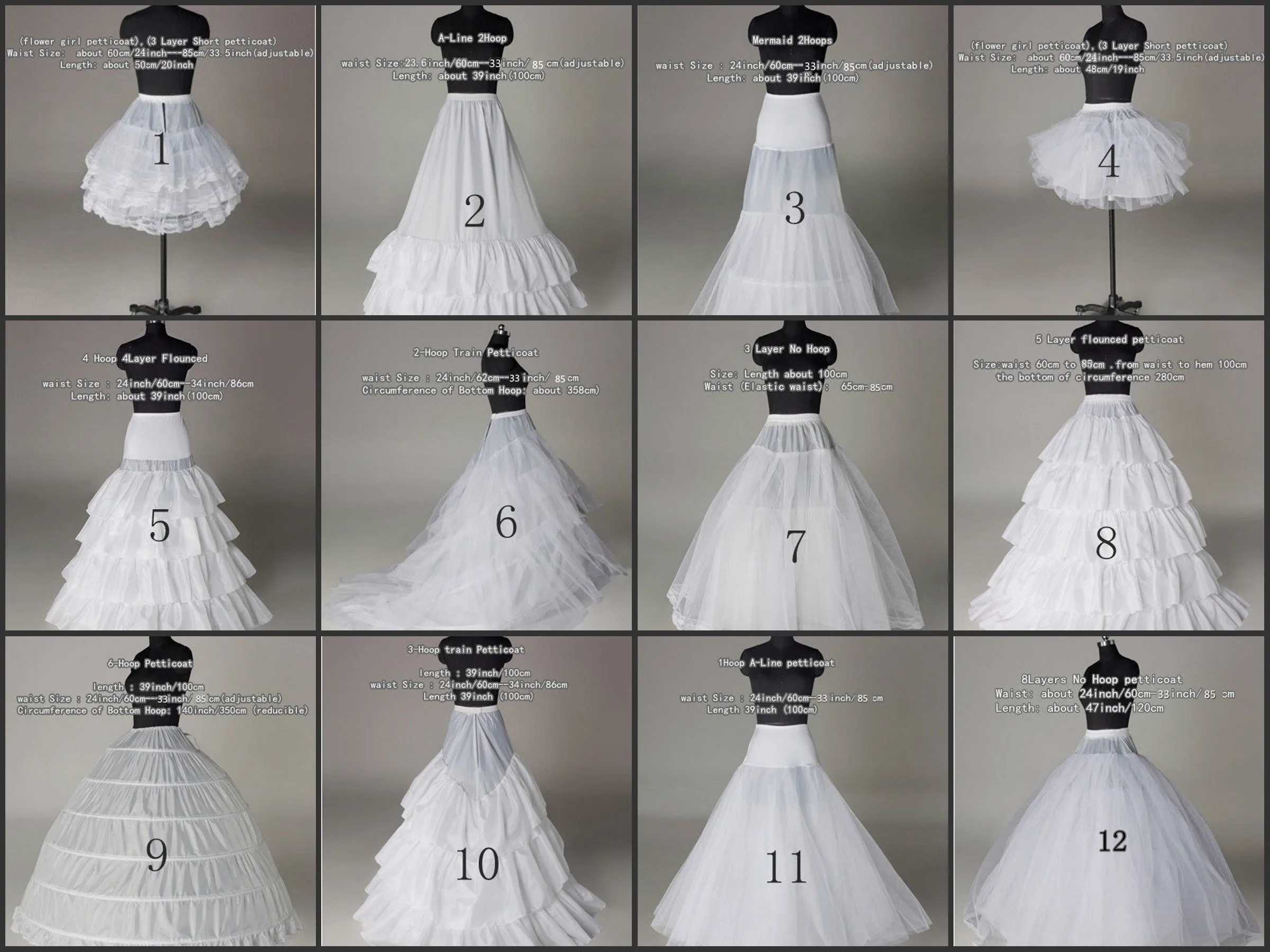 12 estilos de casamento nupcial slips linha a trem petticoat hoop saia curta crinoline