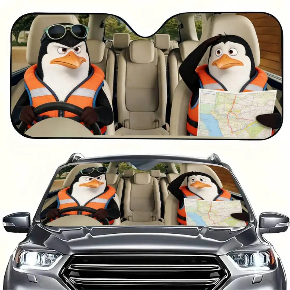 Cute Penguin Cartoon Car Windshield Sunshade Foldable Suction Cup Sun Visor Heat Insulation For Commute Road Trip Travel
