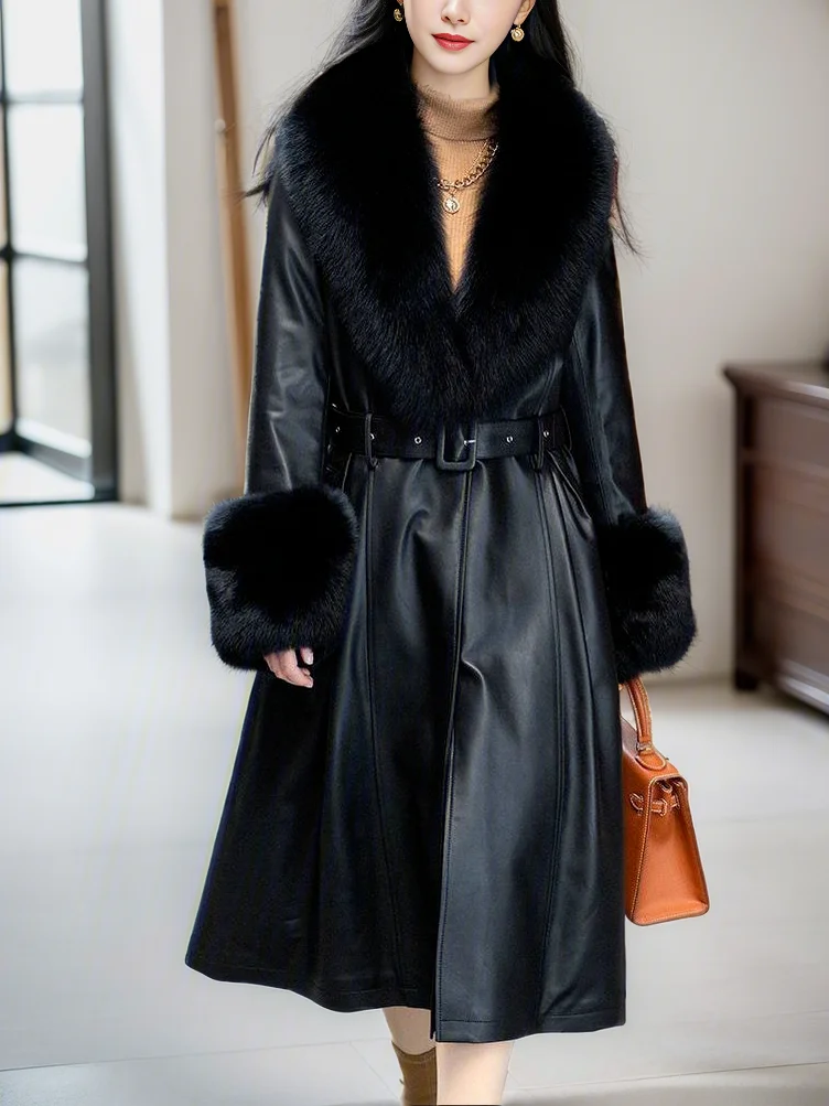 Winter Fashion Imitation Fox Fur Collar Thickened Washed Leather Coat Women High-End Slimming Faux Fur Coat Jacket Women