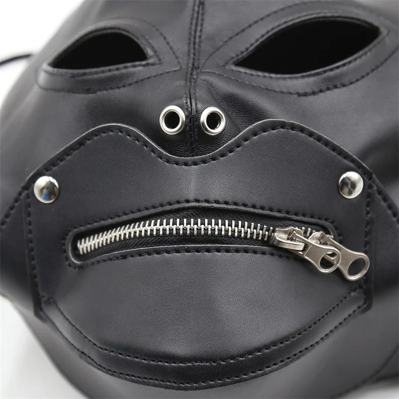 Sexy Black Pu Leather Men Face Mask Fetish Cosplay Party Mask Gay Adult Games Full Head Masks Officer Role Play Performance Mask