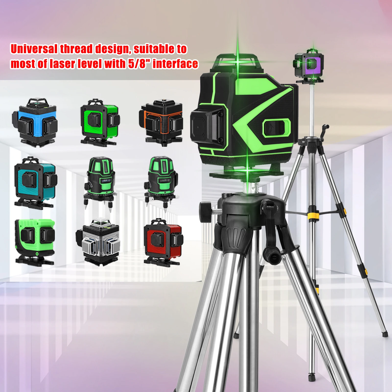 1.2M Stainless Steel Extension Bar Tripod Stand for Laser Level with 5/8inch to 1/4inch Adapter Three Height Adjustment Holder