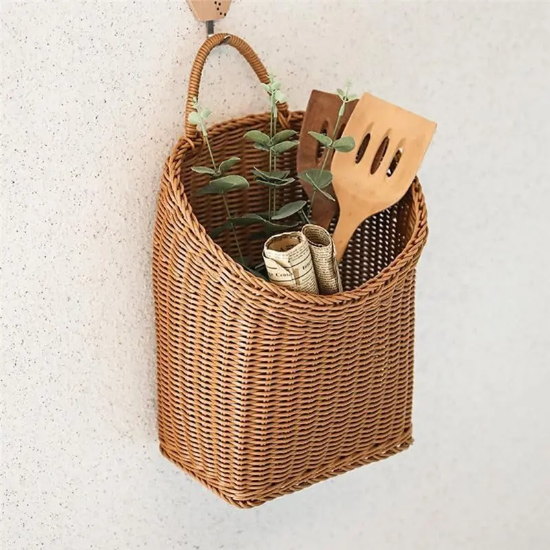 PZHI Woven Rattan Wall Basket, Handmade Hanging Wicker Baskets, for Door, Garden, Farmhouse, Home Decor, 11.8x9.8x7.8 Inch