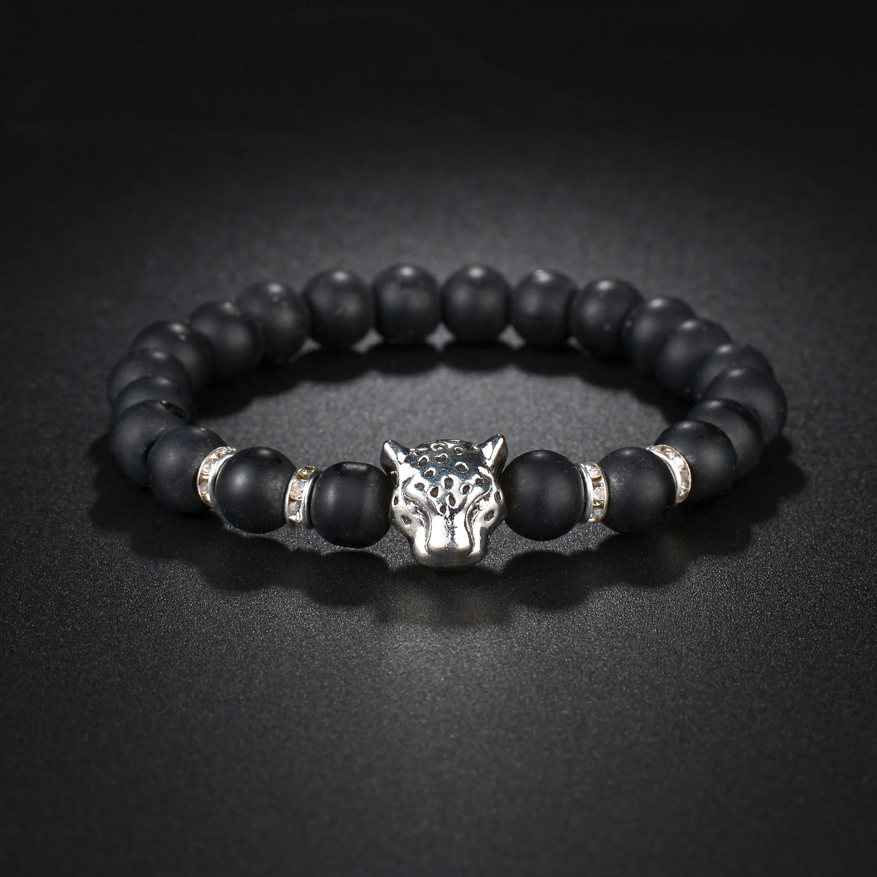 8mm Beads Leopard Lion Head Hematite Bracelet & Bangles Natural Black Stone Charms Bracelets for Women Men Yoga Jewelry Wholesal