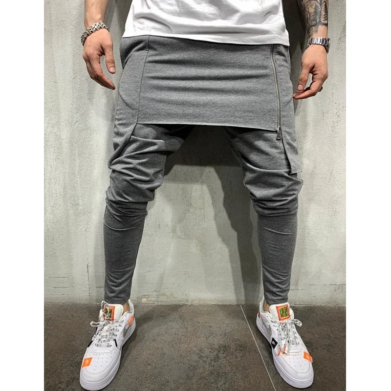 Men Sports Pants Spring/Summer Vintage Solid Color Slim-Fit Zipper Pants Men's Casual Mid-Waist Stitching Pencil Pants Trousers