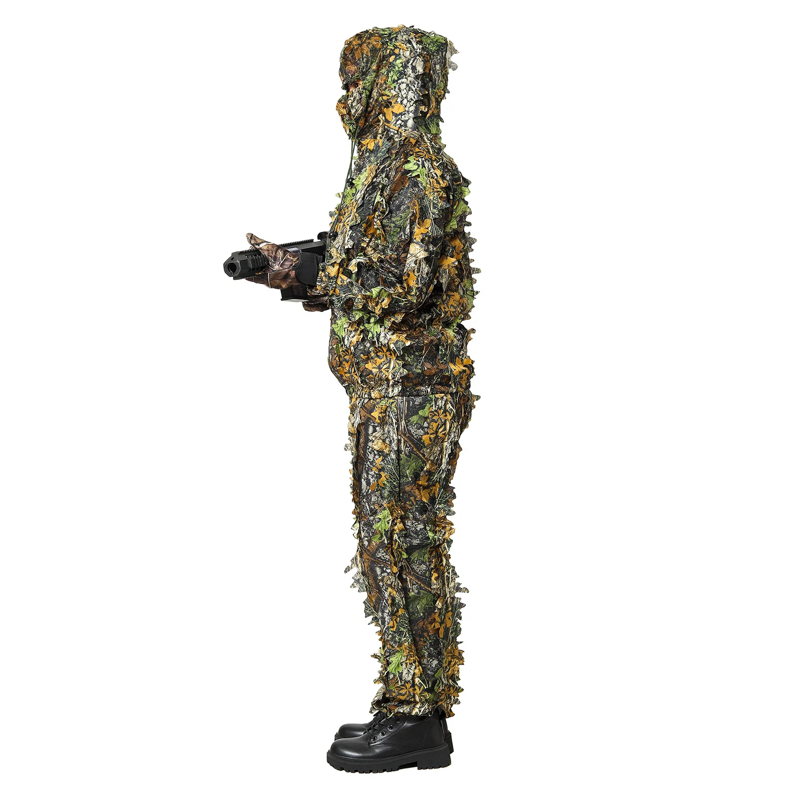 Traje Ghillie de camuflaje biónico de hoja de arce 3D para exteriores, conjunto de ropa ungle, pantalones, chaqueta con capucha para caza, juego CS, observación de aves, etc.