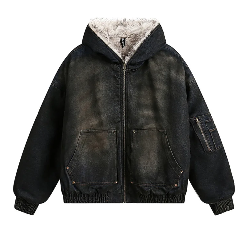 PFNW Menswear Thickened Denim Quilted Padded Jackets Autumn Winter Trend 2024 New Oversized Fur Collar Hooded Cotton-padded Coat