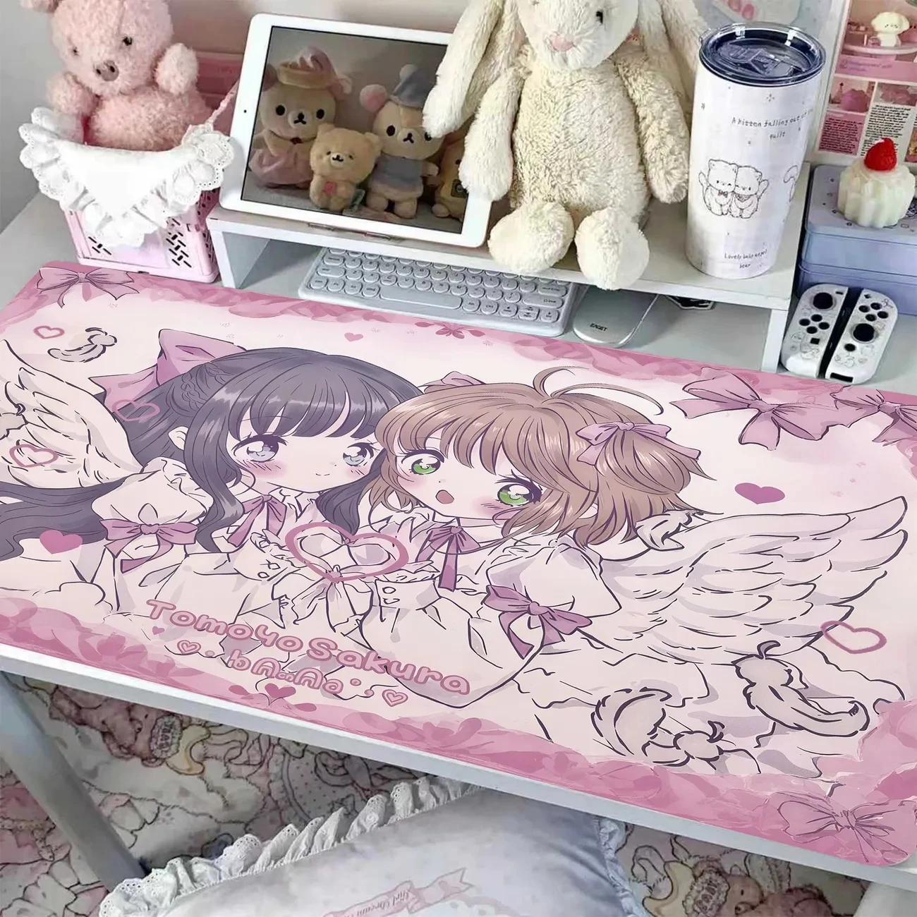 Leather Desk Pad Protector Pink Angle Wings Girls Y2K Kawaii Mouse Pad Office Desk Mat Waterproof Oilproof PU Desk Keyboard Pads