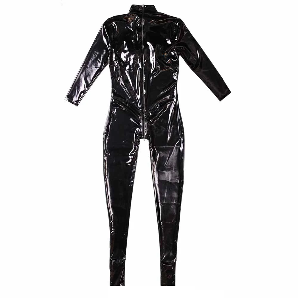 Kobiety Stereo-Spliced Chest Jumpsuit PVC Faux Leather Bodysuit Cosplay Front Crotch To Hip Zipper Open Leotard Zentai Shapewear