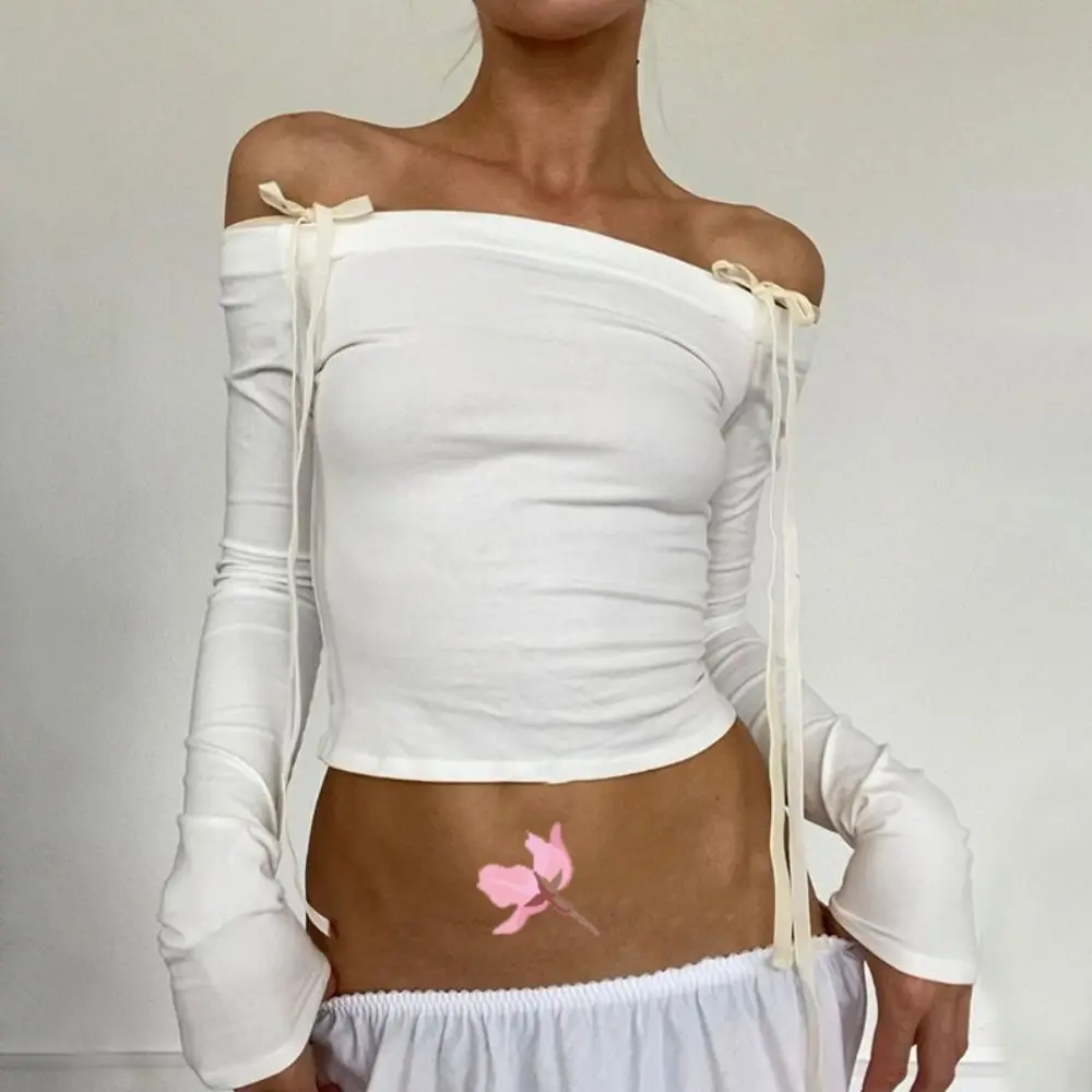 Veelzijdige Y 2K Off Shoulder Skinny Tops Basis Slanke Strik Met Lange Mouwen T-Shirt Wit Sexy Off Shoulder Crop Tops Winter