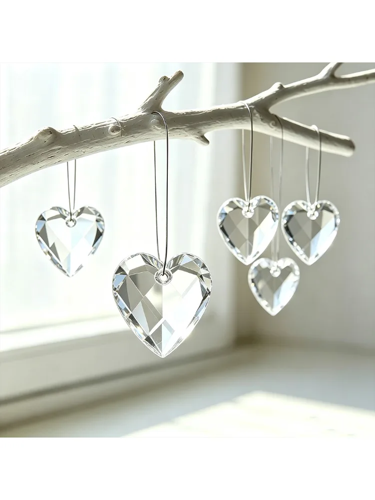Heart Shape Faceted Clear Crystal Suncatcher Hanging Ornament Rainbow Light Refraction for Window Curtain Wedding Party Decor