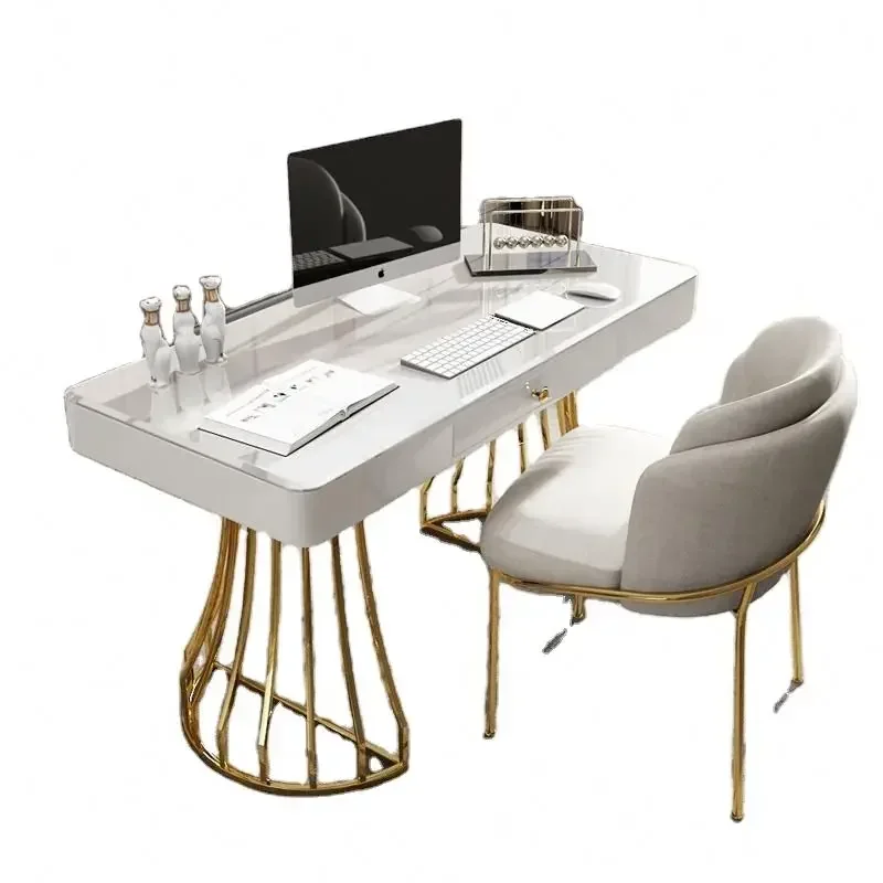 

2026 Wholesale Cheap Fashion Office Furniture Light Luxury Office Table Chair Set Metal Writing Desk Glass Computer Desk