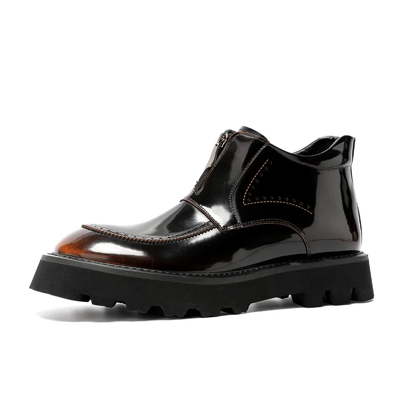 Premium New Men S Genuine Leather Handmade Thick Sole Glossy Boots High Top Fashion Mid Calf Men  Boots