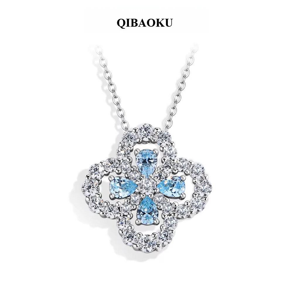 QIBAOKU Sparkling Moissanite Diamond Necklace Pendant for Women Clover Shape S925 Silver White Gold Plated Wedding Jewelry 2026