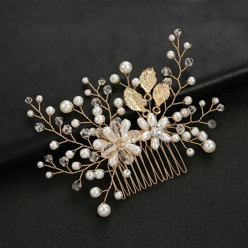 

Leaf Bride Wedding Hair Comb Rhinestone Pearl Bridal Hair Pieces Flower Wedding Headpiece for Brides Crystal Hair Accessories