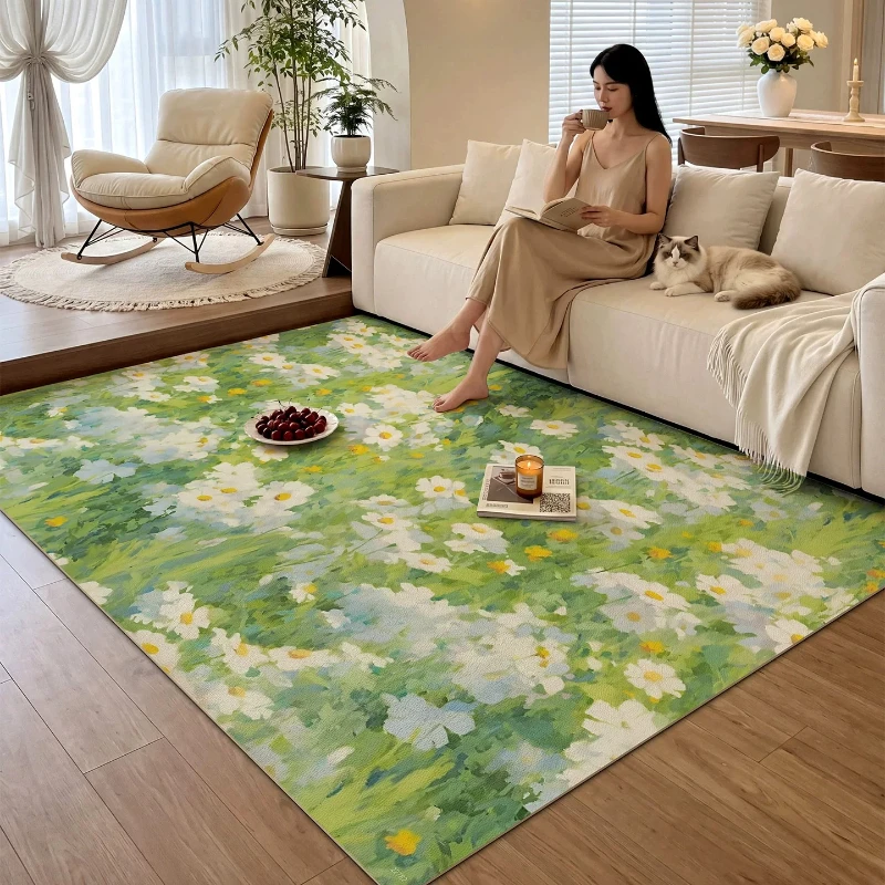 Pastoral Style Carpets for Living Room Cute White Floral Bedroom Decor Carpet Fluffy Soft Green Lounge Rug Home Thick Floor Mat