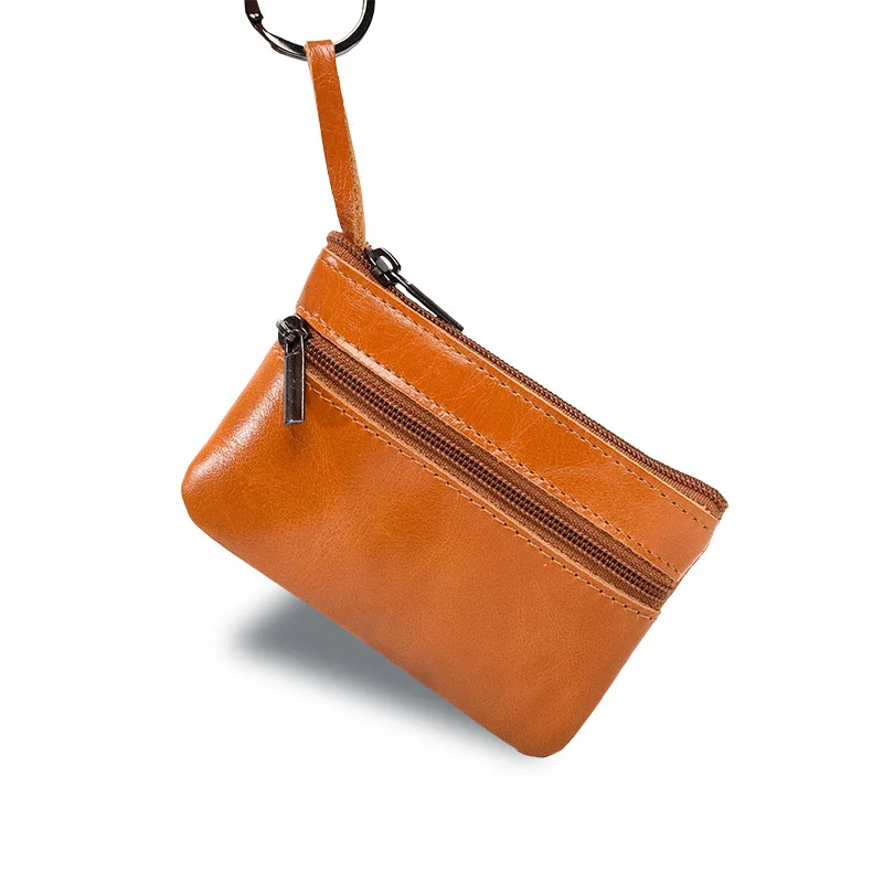 Lederen Mini Multifunctionele Portemonnee Met Hangende Ring Retro Unisex Dubbele Rits Korte Clutch Twee-Compartimenten Kleine Kaarttas