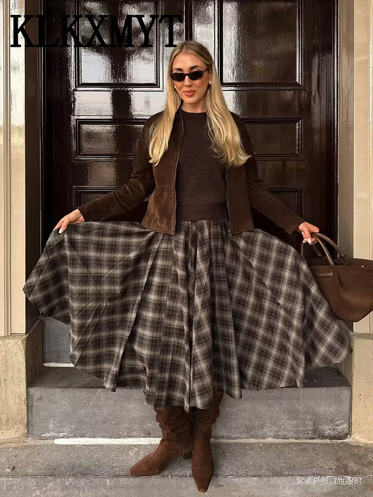 シックでエレガントなロングスカート女性のためのファッションチェックプリーツミディスカートハイストリートカジュアル女性のスカート気質新しいスカート