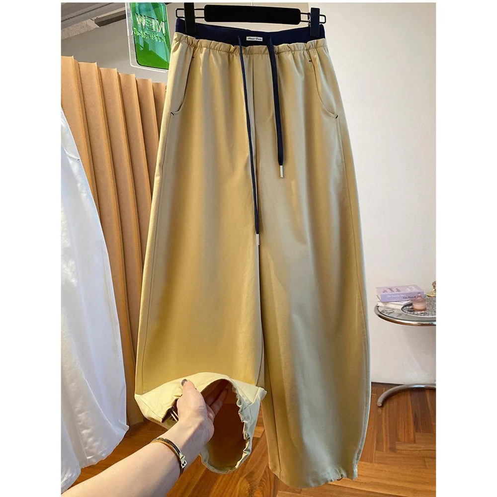 

Women Pants 2026 Large Size Spring Summer New High-end Loose Casual Drawstring Wide Leg Pants Female Solid Ankle-Length Pants