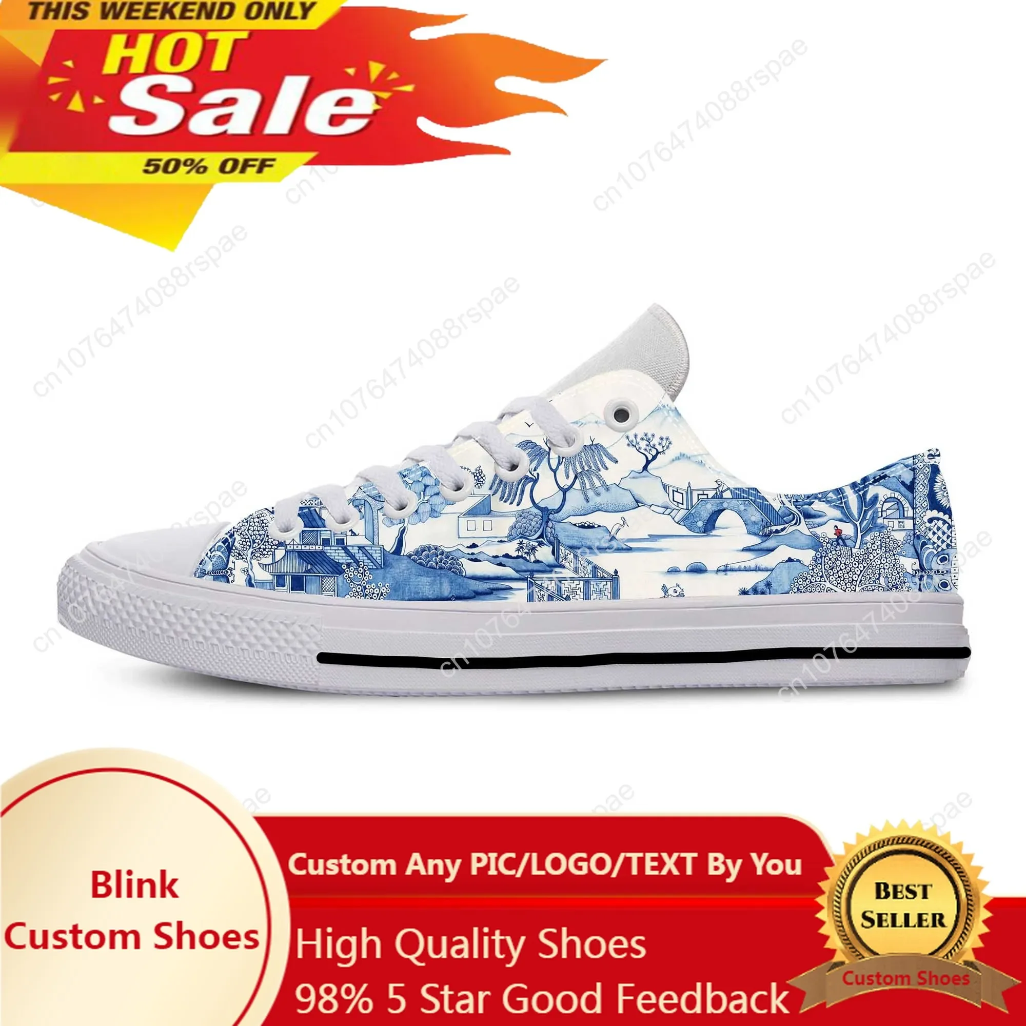 Blue White Willow Pagoda Chinoiserie China Pattern Casual Cloth Shoes Low Top Comfortable Breathable 3D Print Men Women Sneakers