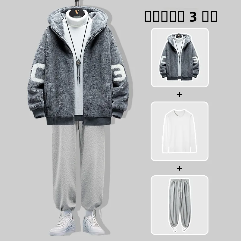 Lamb Fur Lined Thiened Cotton Jaet Men's Winter Faionable Warmth Set Tee-Piece Casual Sportswear Polyester Fiber