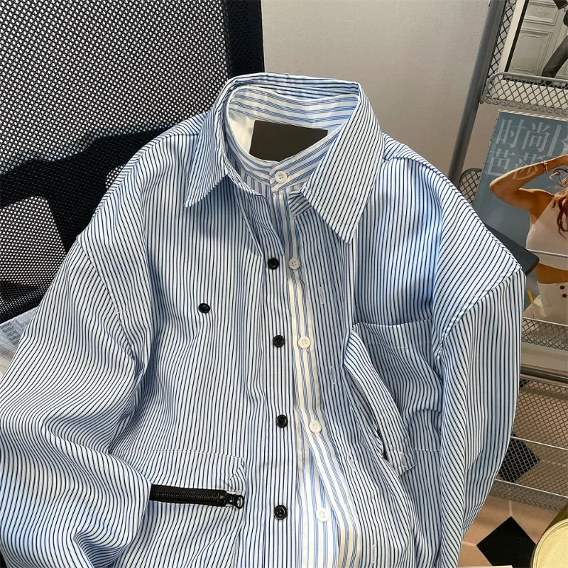 Camisa de manga longa masculina, moda de framboesa e bonito listrada, estilo de Hong Kong, duas peças falsas, design primavera e outono, 2024