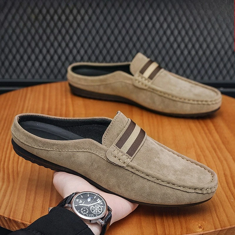 Men's Slippers Lightweight Casual Shoes Suede Half Support Slippers Mules Summer Outdoor Loafers Slip on Soft Sole Flats for Men