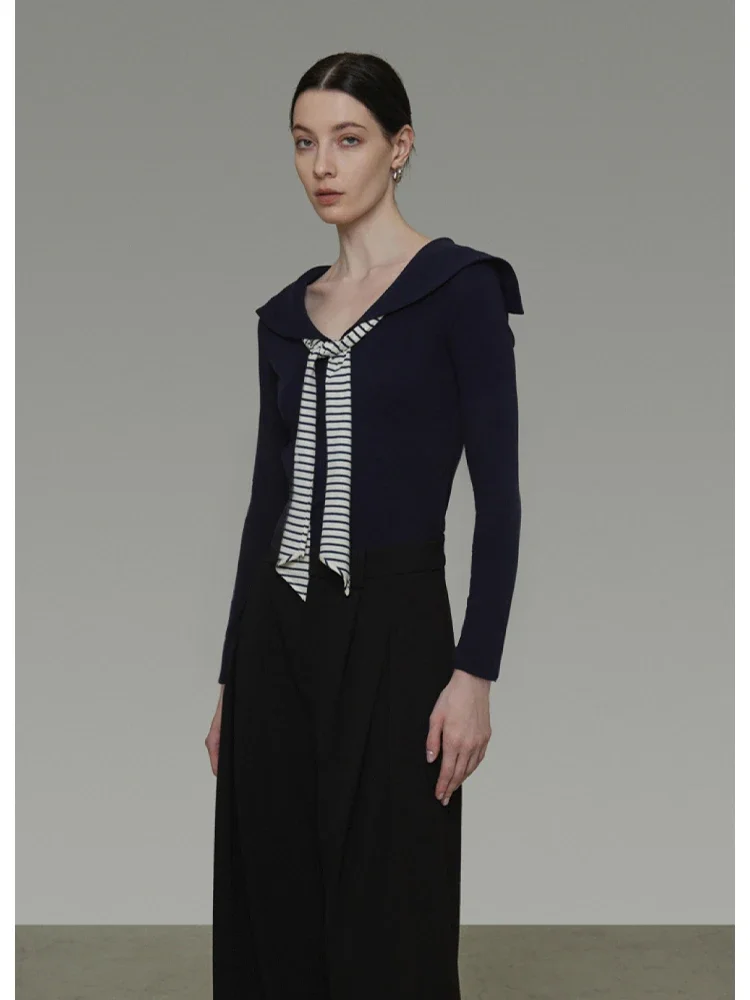 Preppy Sailor Collar Long Sleeve Knitted Top And Blouse Woman Tie Neck Royal Blue Knitwear 2025 Fall Clothes