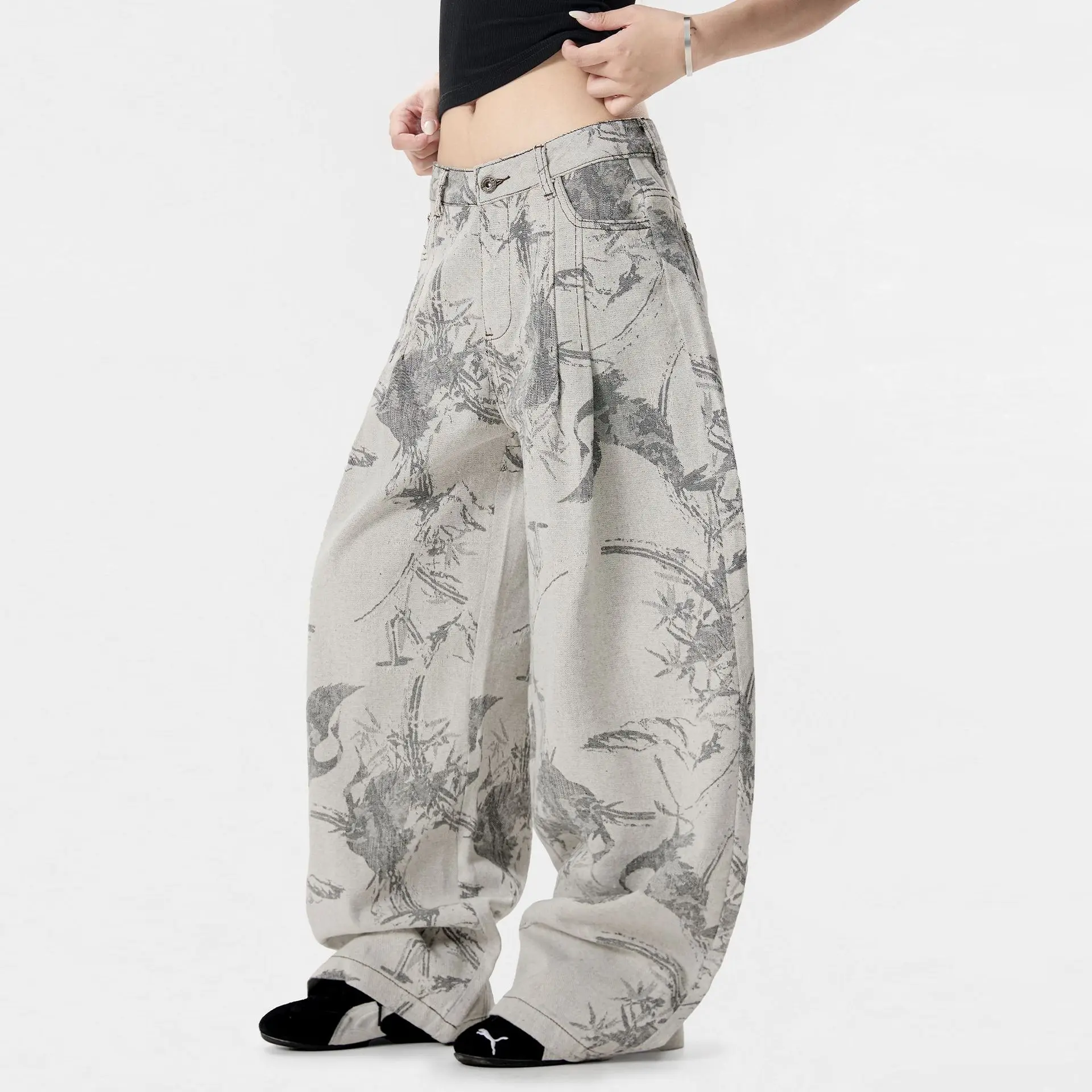OR FL Women's New Chinese Style Ink Wash Painting Print Jeans National Trend Advanced Design Sense Staraight Wide Leg Pants Y2k