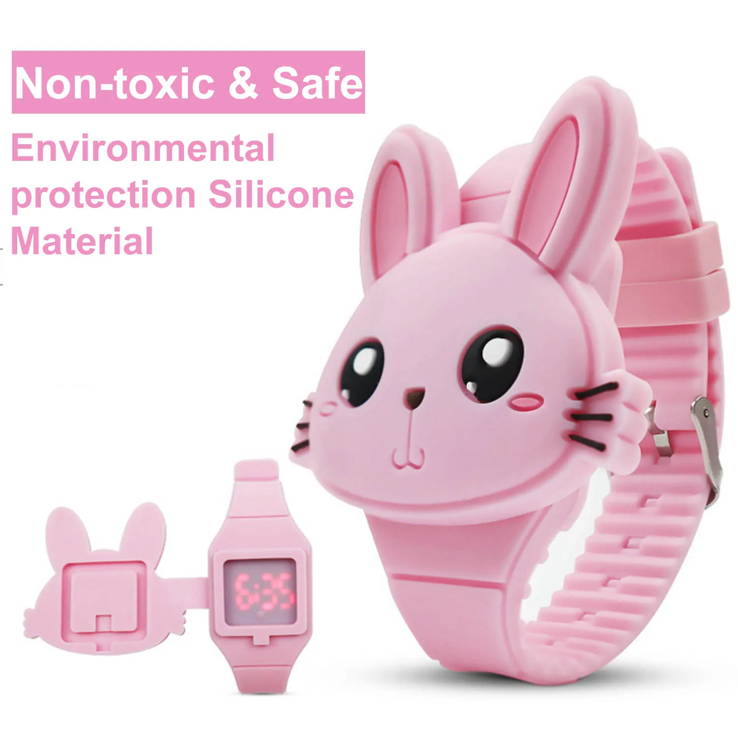 Cute Cartoon Rabbit Shape Flip Cover Silicone LED Digital Watch for Boys Girls Kids Children Birthday 2025 New Year Decorations