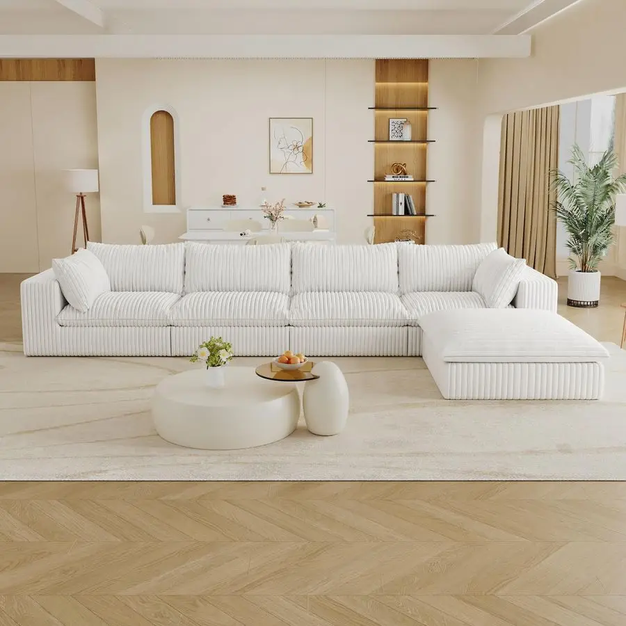 

LShaped Modular Cloud Couch with Ottoman 157.6 Inch Large Sectional Couches for Living Room, DownFilled Minimalist Corduroy Sofa