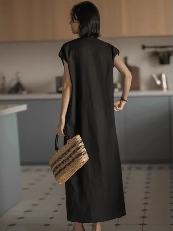 Artistico coreano V-Ne Loose Fit Cotton Lin da donna Dr Ele taglio dritto ingombrante in vita Maxi Dr Summer Faion