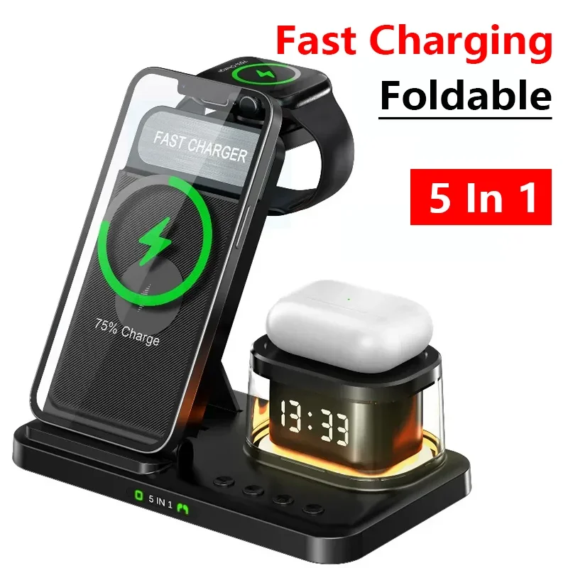 5 In 1 Wireless Charger Stand Foldable Clock RGB Night Light Fast Charging Station For iPhone15 14 13 12 Apple Watch Airpods Pro