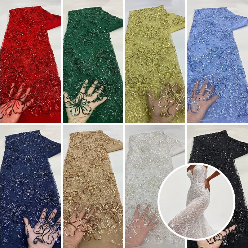 

Wide122cm Luxury African Sequins Beaded Lace Fabric High Quality Groom Nigerian Wedding Bridal Embroidery French Tulle Materials