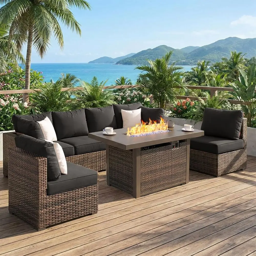 

7-Piece Patio Furniture Set with 44 Fire Pit Table, Outdoor Sectional Sofa, Cushioned PE Rattan Corner Set in Black