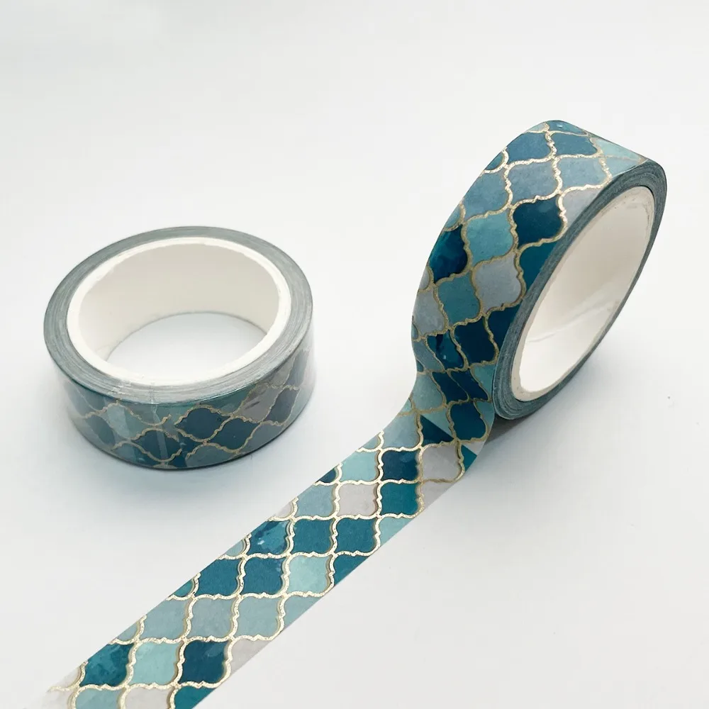 2PCS 15mm Width Washi Tape 7m Length Geometric Pattern Arts Crafts Tape Gold Stamping Plaid Pattern Scrapbooking Tape