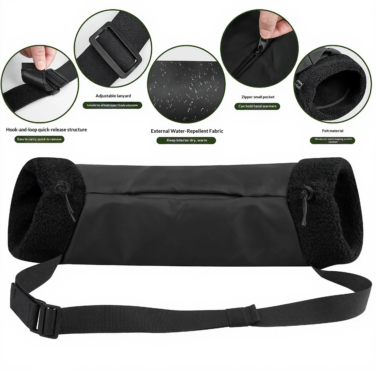Convenient Adjustable Drawstring Hand Warmer Pouch Say Goodbye To Cold Hands Equipped Secure Zipper Front balck