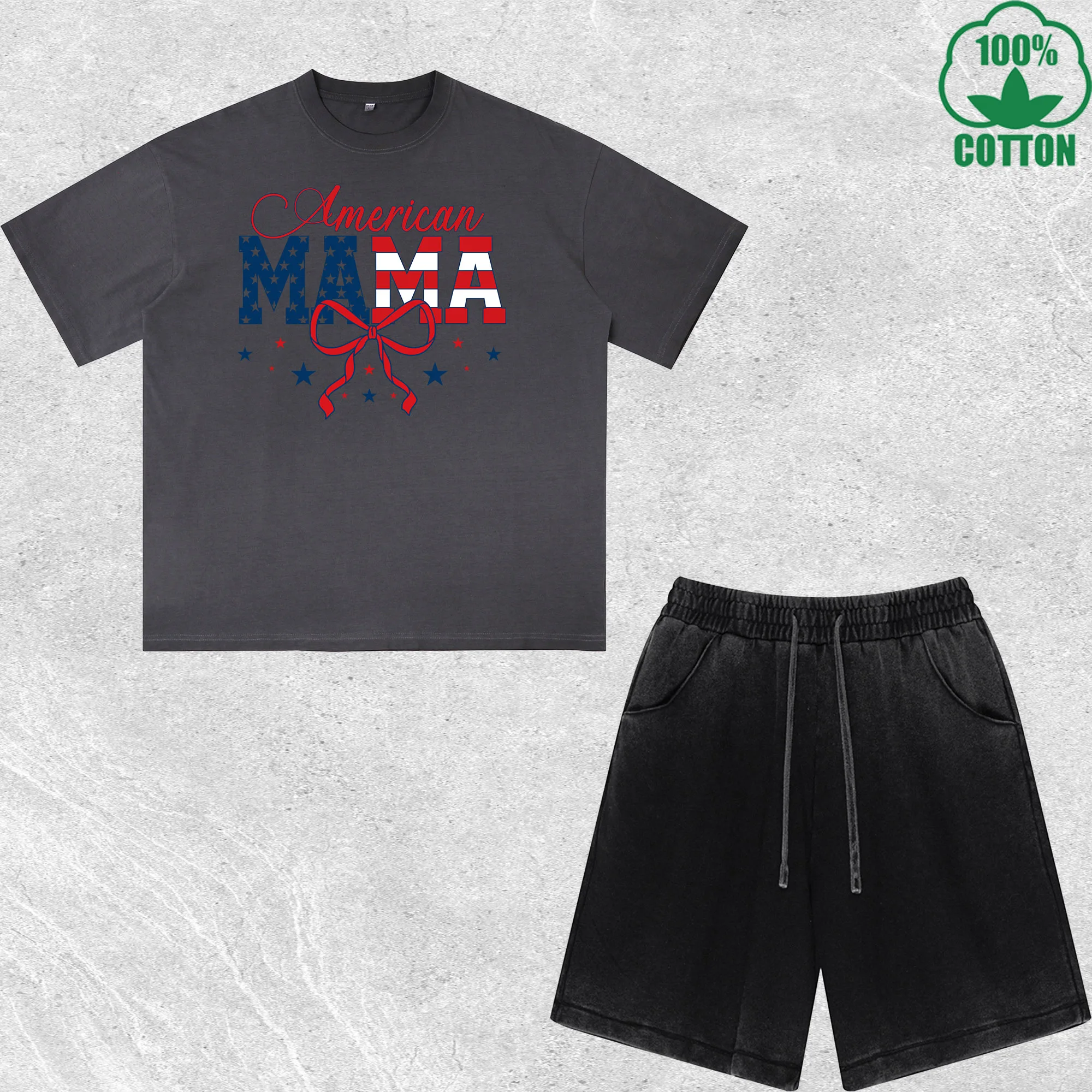 

America Mama Printed Dirty Wash T-Shirt Shorts Set Multicolor Combo Loose Trendy 100%Cotton