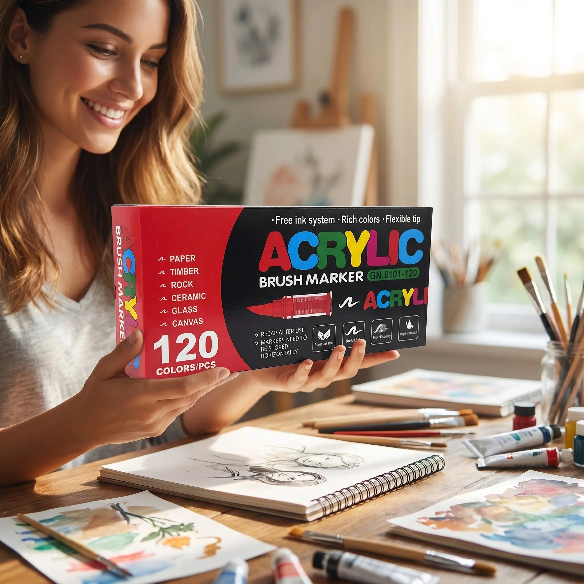

120/80/60/36/12 Colors Acrylic Paint Markers with Soft Brush Tip, Waterproof Quick-Dry Art Pens for Outdoor & Travel